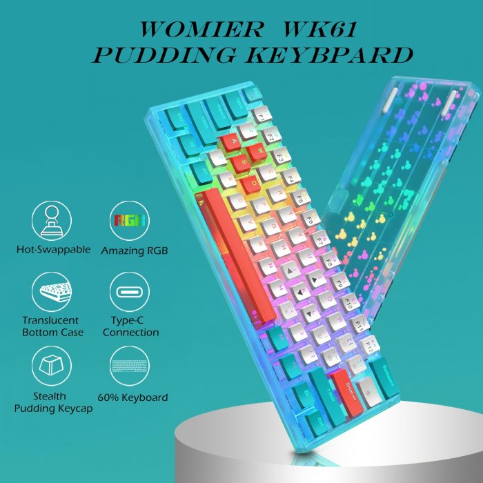 Womier WK61 RGB Backlit Gamer Keyboard Red Switch PBT Pudding Keycap Mechanical Keyboard Swappable Hot 60 1 - Pudding Keycap